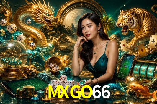 Una escena digital vívida inspirada en casino con MXGO66 mostrado prominentemente, luces brillantes, fichas, cartas y acentos dorados.
