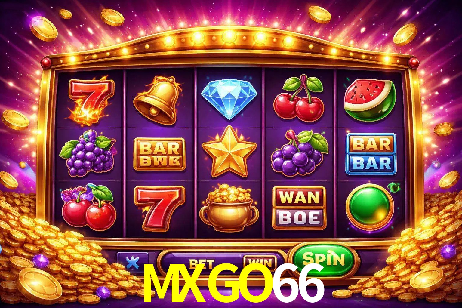 Una interfaz colorida de tragamonedas en línea con símbolos brillantes, monedas y un efecto de victoria celebratoria en MXGO66.