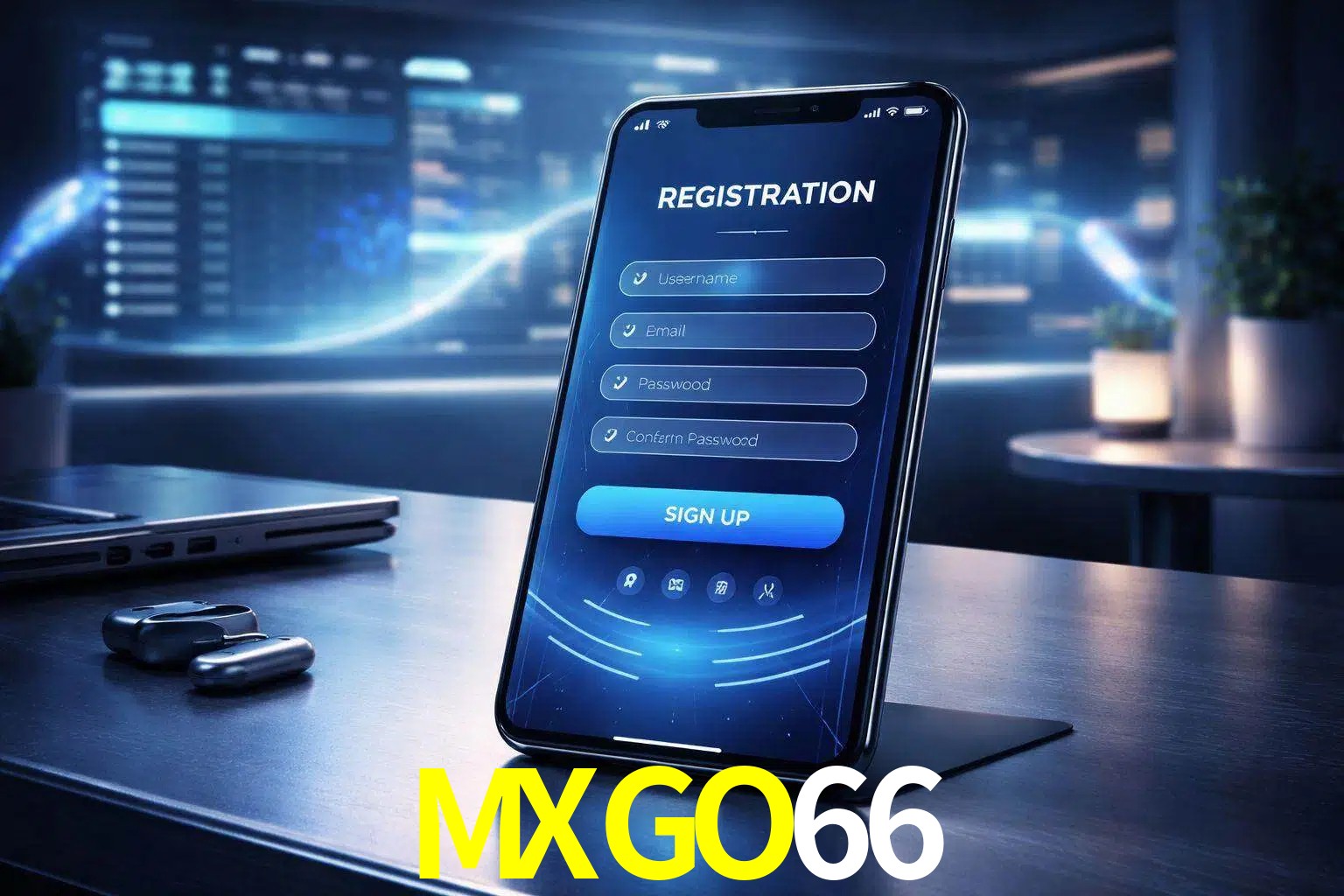 Una interfaz moderna de registro móvil para MXGO66 mostrada en un smartphone con un panel de apuestas elegante.